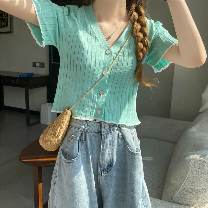 

Summer Women Knitted Blouse Shirt Tops Women Pullover Short Sleeve Blouse Women Blusas Mujer De Moda 2021 Blouses Shirts F71