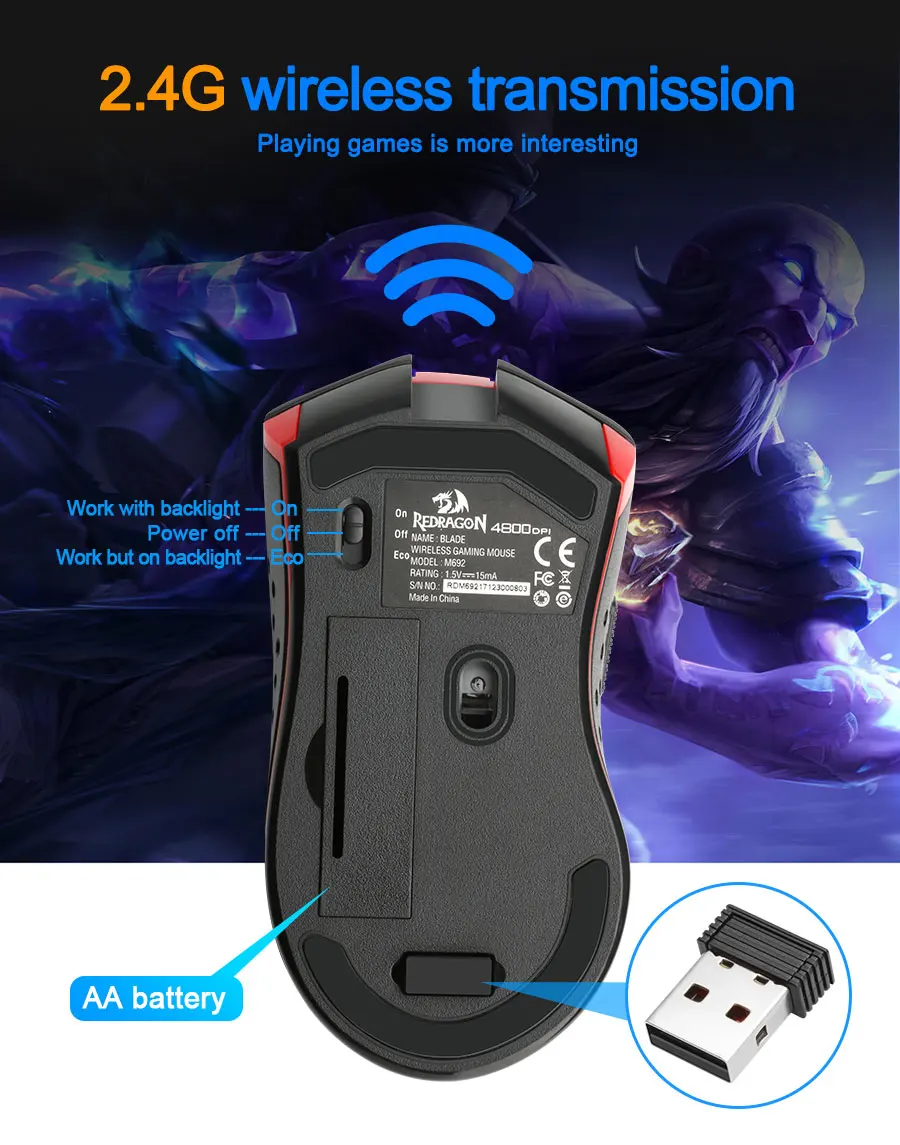 Redragon Blade M692 USB Беспроводная программируемая игровая мышь 4800 dpi 9 Кнопок эргономичная для overwatch геймерские мыши ноутбук компьютер