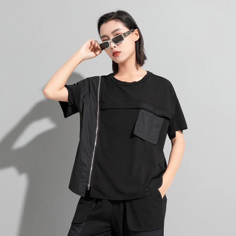 

LIMINDSPCXQQ European 2021 Summer Womens Zippers Black Tee Shirts Ladies O-Neck Short Sleeve Tops Girls Street Style T-shirts