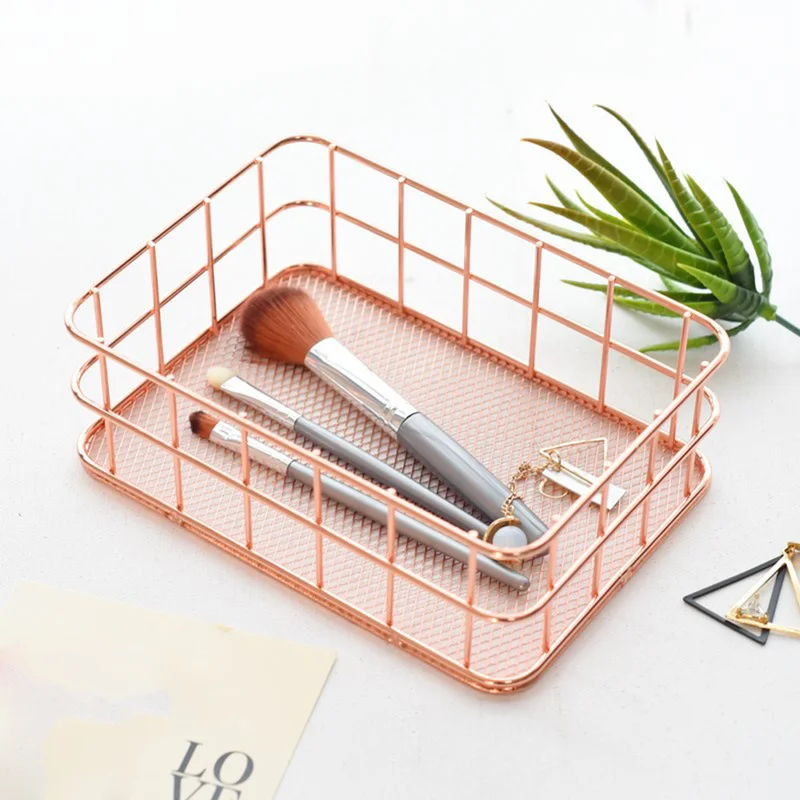 Rectangular Metal Storage Basket, Pink Gold Iron Storage Basket, Home Garden Office Basket, Finishing Iron Baskets Fruit Basket