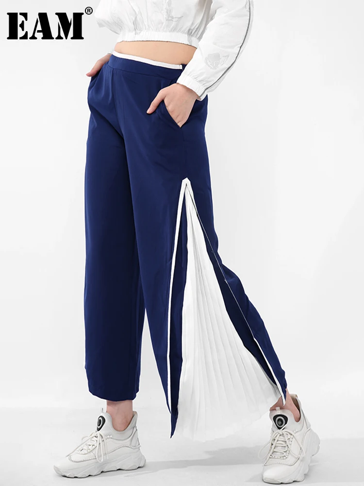 

[EAM] High Elastic Waist Blue Side Pleated Wide Leg Trousers New Loose Fit Pants Women Fashion Tide Spring Autumn 2021 JO56205