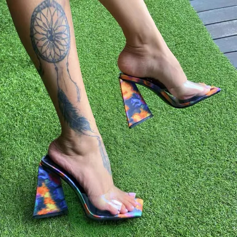 

New Women Fashion Transparent Sexy Wedding Party Shoes Woman Office High Heels Female Dress Sandals Square Head Large Size 35~43
