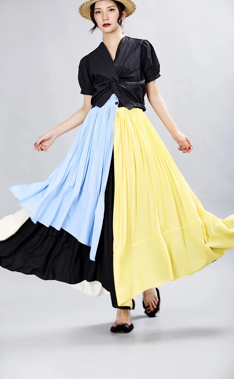 

Fashion Colorblock Skirt Women 2021 New Pleated Irregular Mid-Length Skirt High Waist Slimming Fairy Flowy Skirt Summer