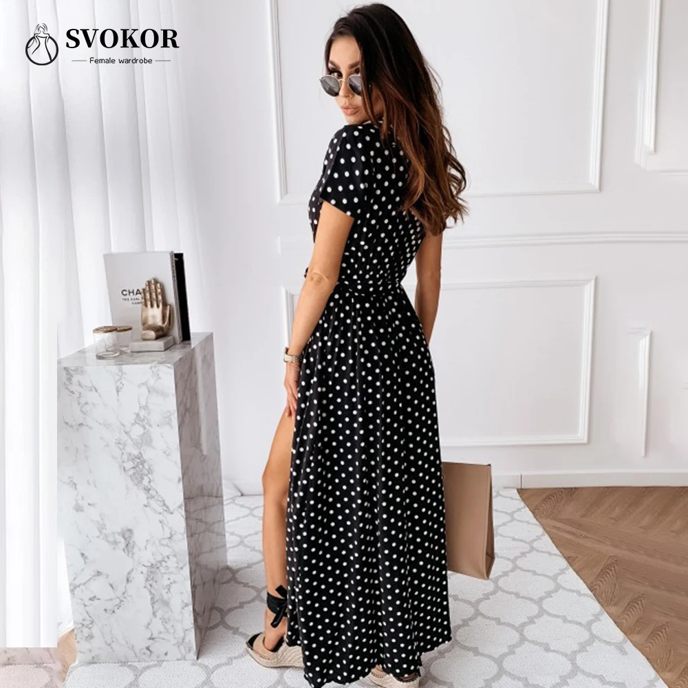 

SVOKOR Women Casual Long Dress Summer Female Short Sleeve Dot Print V-Neck Buttons Sexy Dresses Femme New Fashion Beach Vestidos