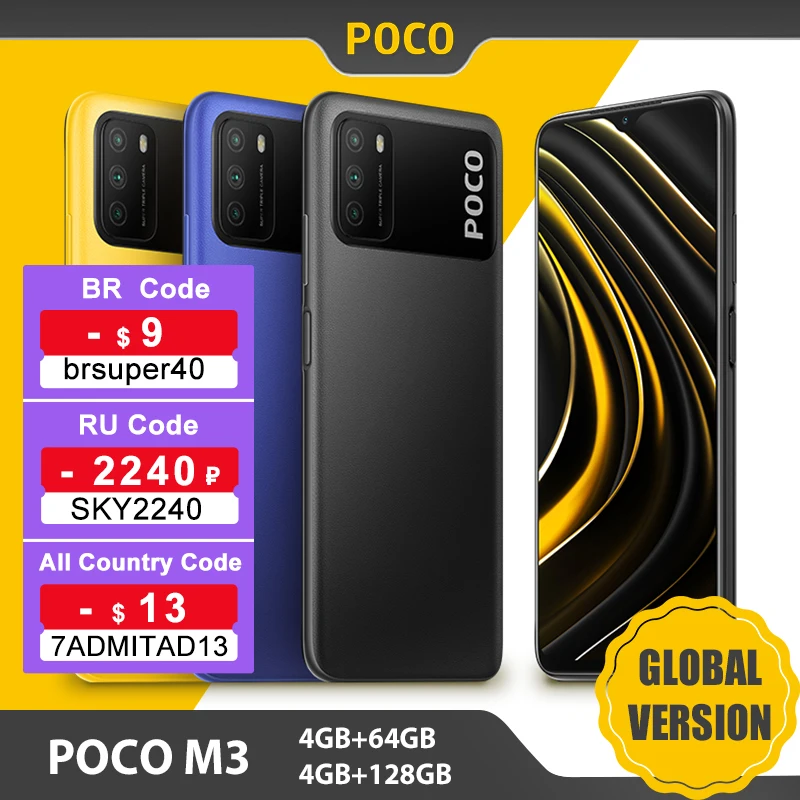 

Смартфон глобальная версия POCO M3, 4 ГБ, 64 ГБ/128 ГБ, Восьмиядерный процессор Snapdragon 662, тройная камера 48 МП, экран 6,53 дюйма FHD +, Аккумулятор 6000 мАч