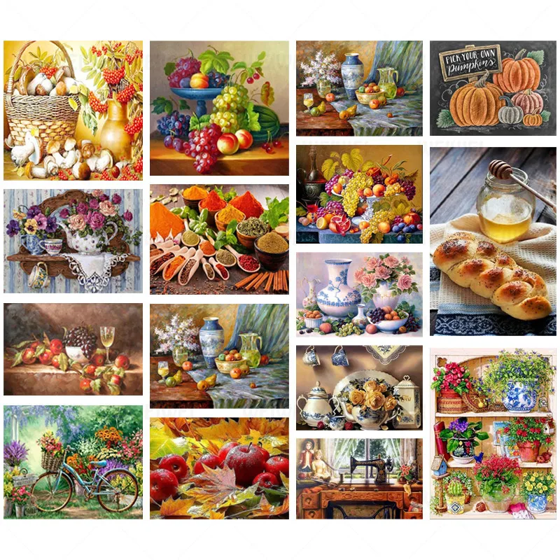 

Fruits Picture Full Round Drill 5d Diy Diamond Painting Kitchen Table Grape Peach Bread Diamond Embroidery Mosaic Home Decor Gif