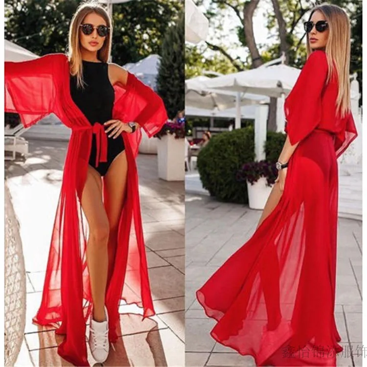 

Popular Sexy Bikini Woman Elegant Casual Women's Chiffon Cardigan Beach Cover Up Sunscreen Clothes Flying Sleeves Cover-Ups