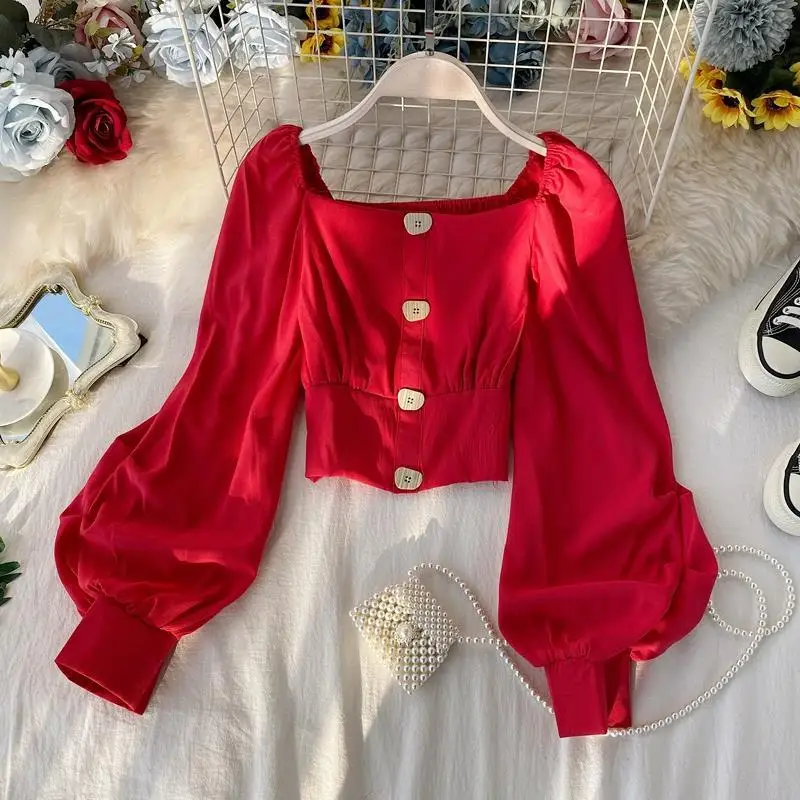 

French design square neck top long sleeve women's Retro bubble sleeve waist short sleeve