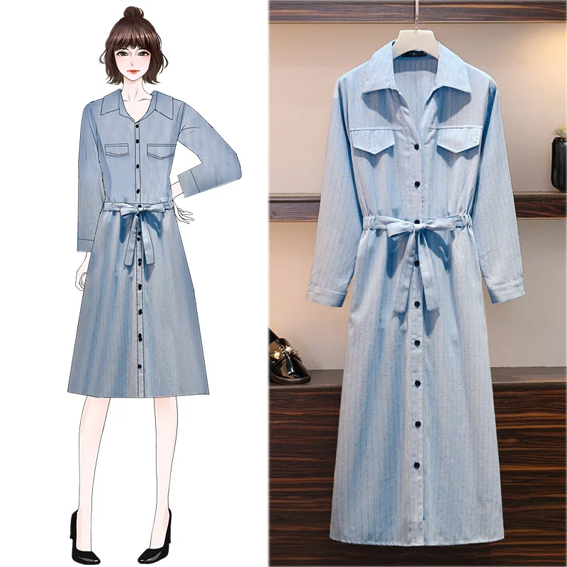 

Женское платье большого размера, Осеннее облегающее платье-рубашка в полоску с длинными рукавами и украшением в виде толстых мм