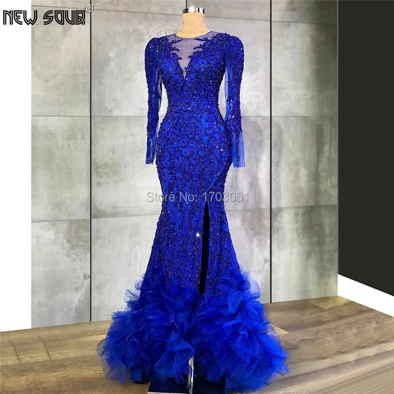 

Mermaid Kaftans Royal Blue Beading Evening Dresses Formal Pageant Gown 2020 Arabic Dubai Robe De Soiree Long Feathers Prom Dress