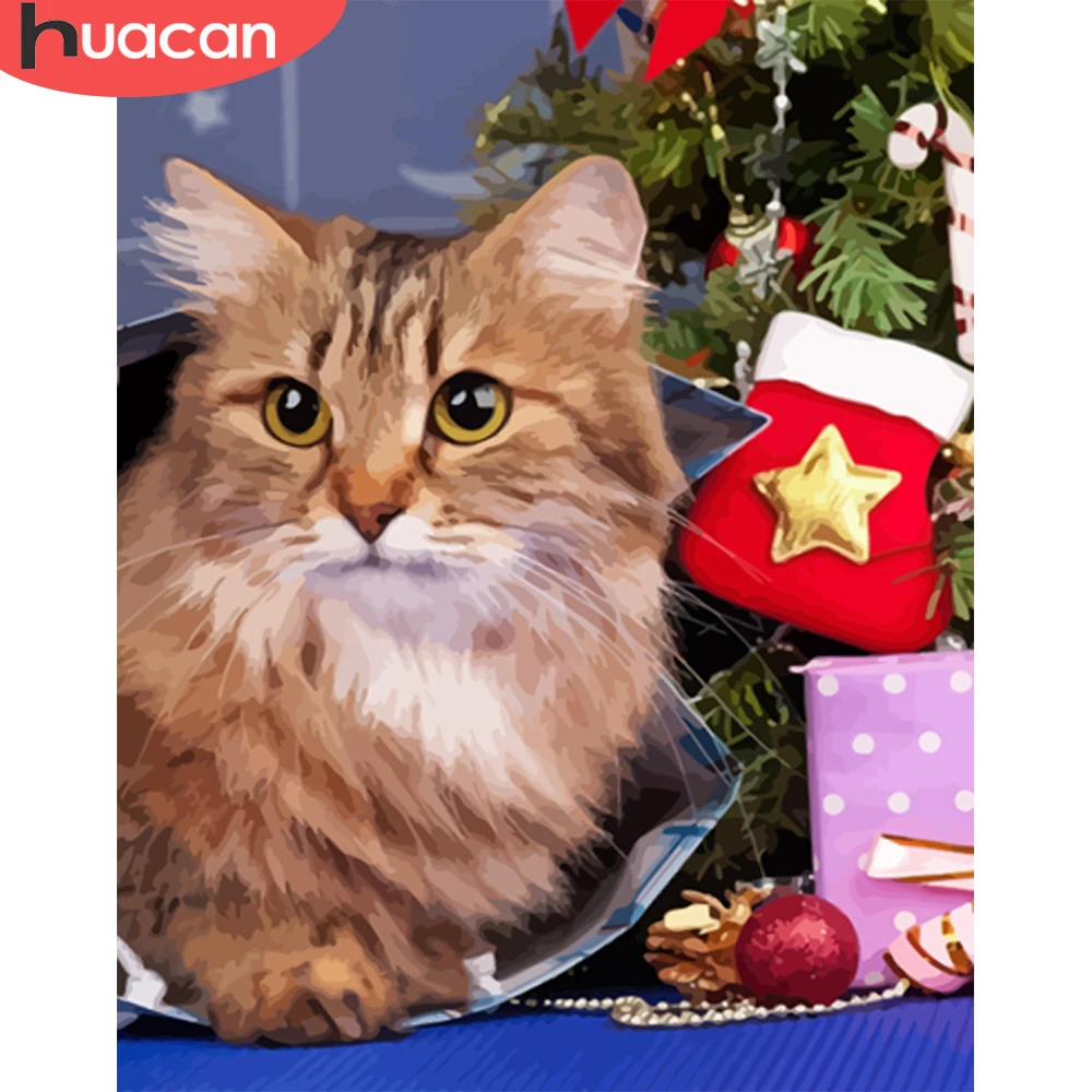 

HUACAN Painting By Number Christmas Cat Drawing On Canvas HandPainted Art Gift DIY Pictures By Number Animal Kits Home Decor