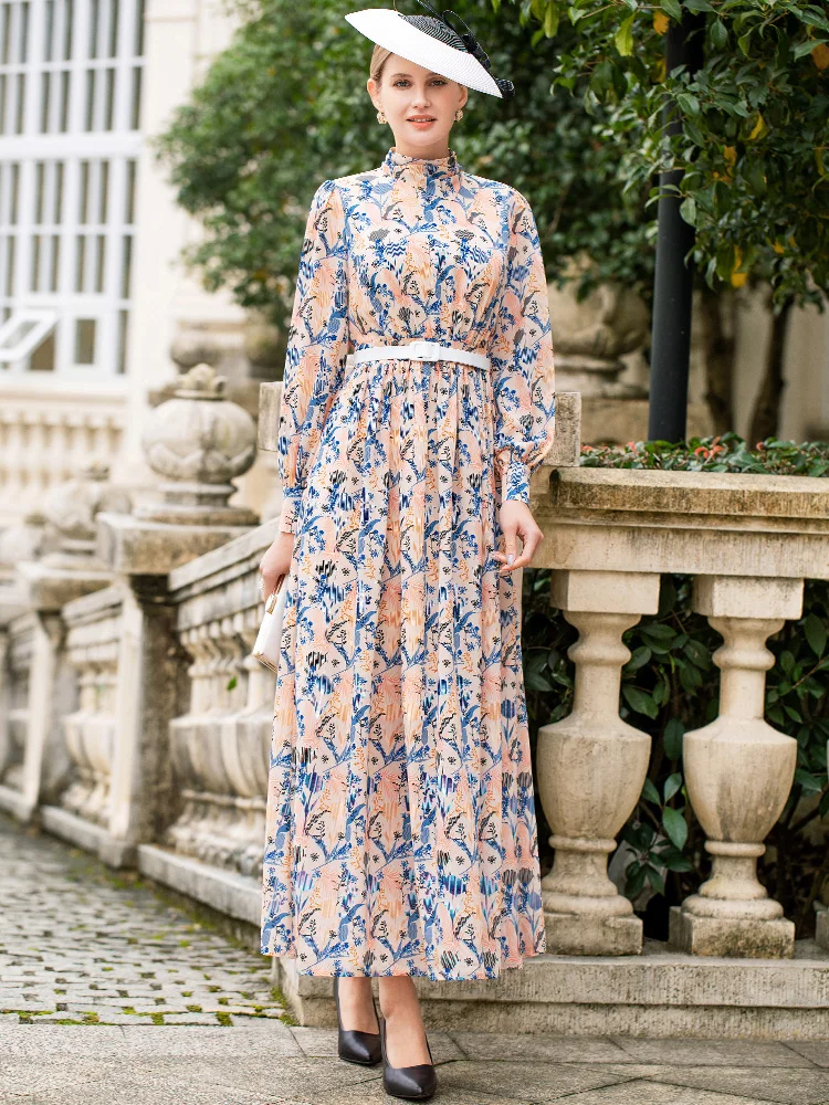 

2021 Chiffon Runway Luxury Spring Autumn Long Dress Women Chinese Style Turtleneck Printed Dress Elegant DZ2590