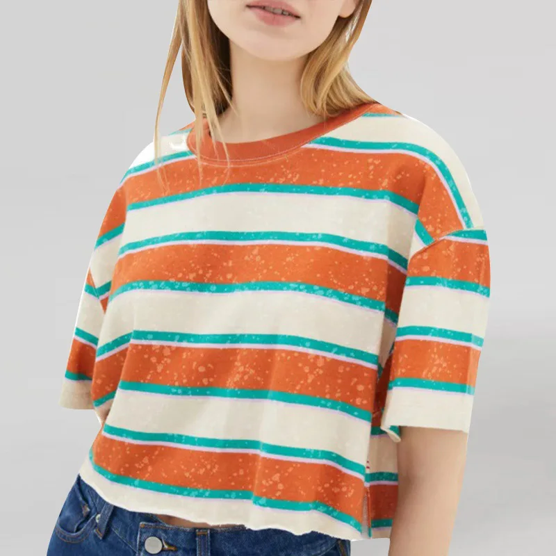 

Casual Short Sleeve T-shirts Fashion Stripe Harajuku Crop Tops Summer Women 2021 O-Neck Short Sleeve Stretch Solid Tees Feminina
