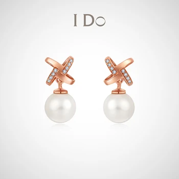 I Do 18K Rose Gold Studs Diamond Pearl Earrings White Romance Series Fine Jewelry for Women Cross Design Love Gift Classic Style