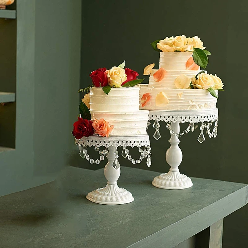 

2-Set Round Cake Stand,White Metal Cake Stands with Pendants and Beads, Dessert Cupcake Pastry Candy Display