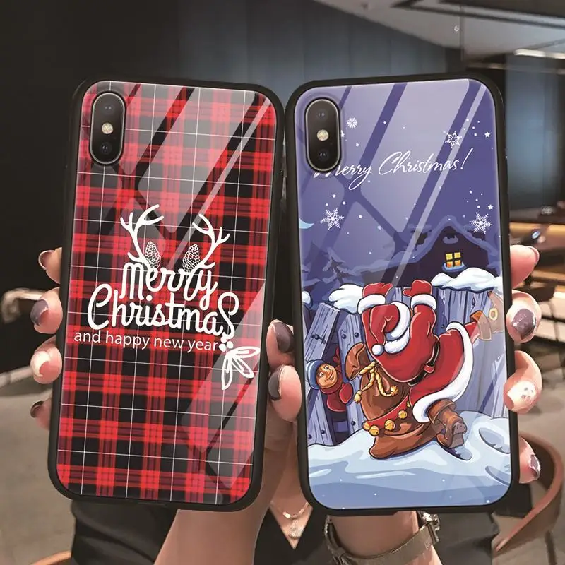 Счастливого Рождества Санта Клаус для iPhone 8 7 6 6S Plus 7Plus роскошный закаленное стекло чехол для iPhone XR 11 Pro XS MAX X Чехол снеговик