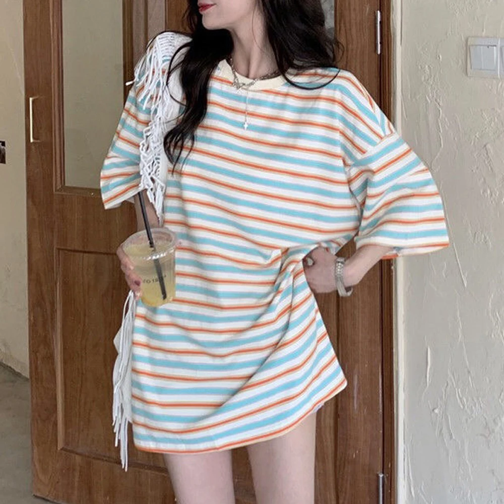 

Женский полосатый Топ с длинным рукавом y2k, полосатая Повседневная футболка оверсайз с круглым вырезом в стиле Харадзюку, модная футболка