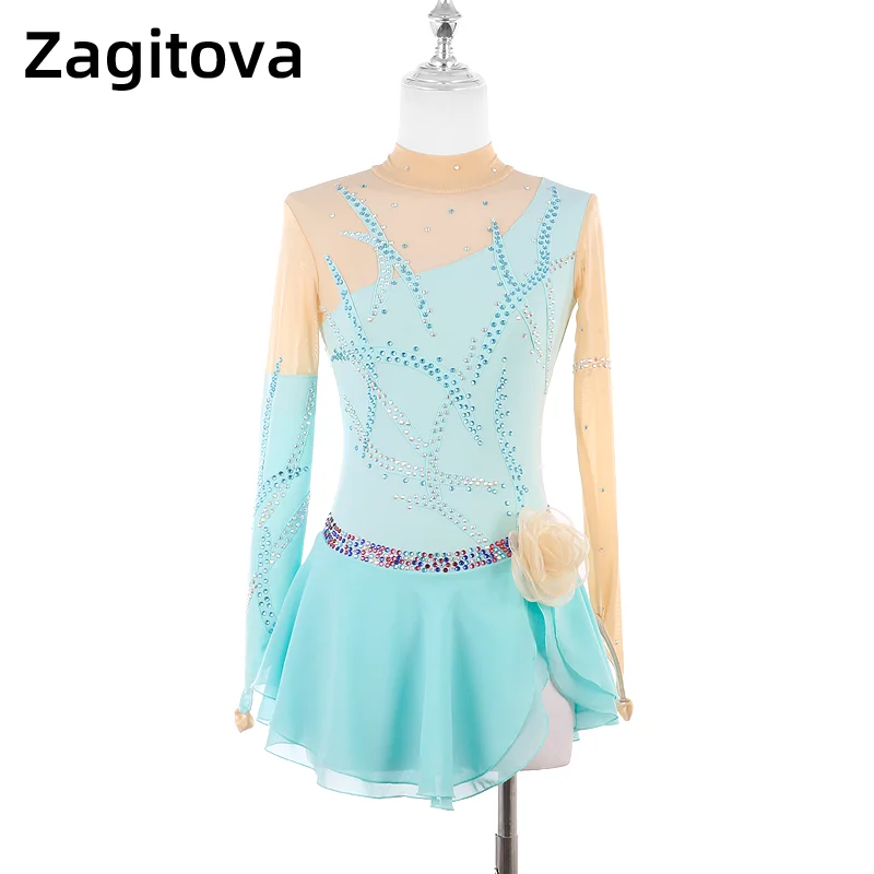 

Light Blue Long sleeves Elegant Figure Skating Dress Professional Skating Performance Skirt For Woman Or Girl Gym suit