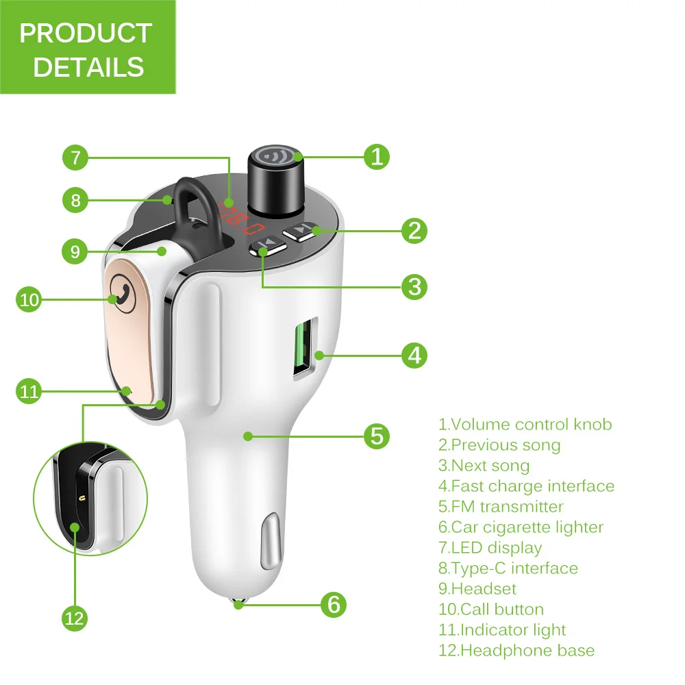 

Bluetooth 5.0 G52 Wireless Car FM Transmitter Headset Charger Hands-Free Calling Driving Privacy Protection