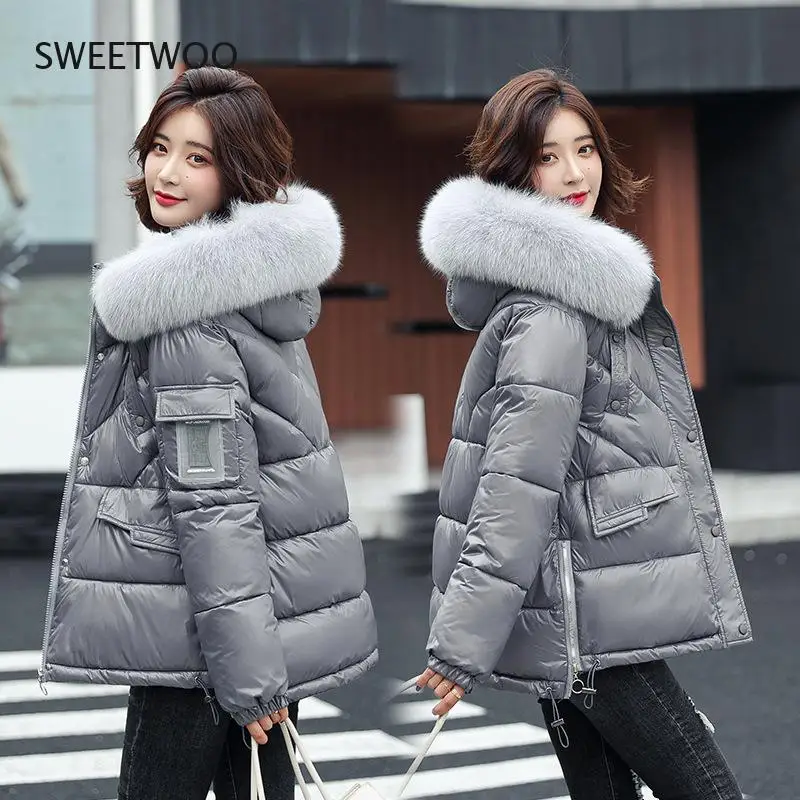 Big Fur Collar Down Jacket Women Winter Jacket overcoat Bright down jacket for women Winter Coat Women Puffer Jacket Hooded