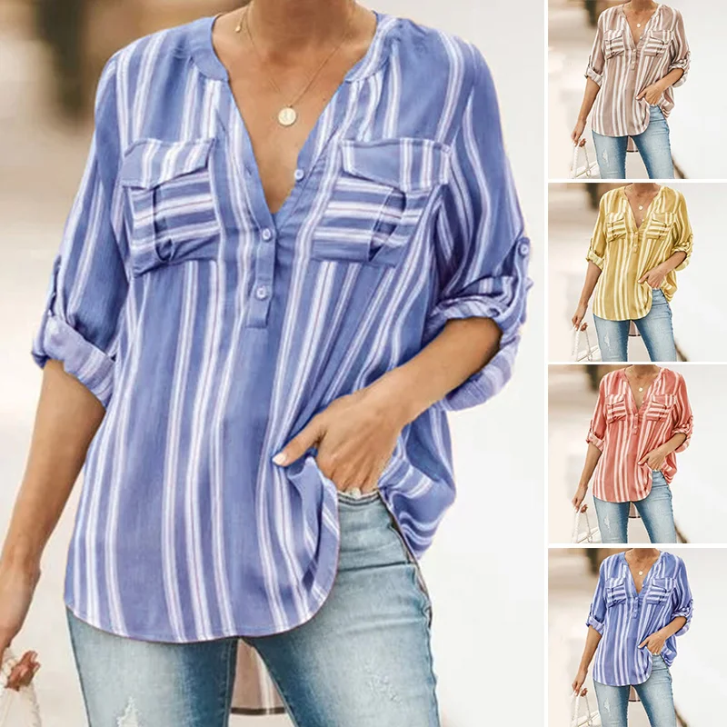 Женская блузка с v-образным вырезом и карманами Повседневная рубашка длинным