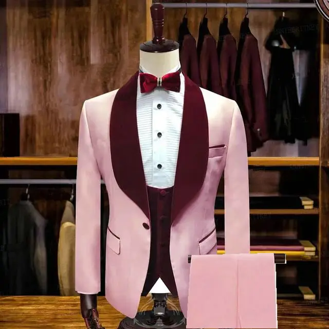 

Custom Made Classic Fashion Pink Groom Tuxedos Groomsmen Burgundy Velvet Shawl Lapel Best Man Suit Wedding Men's Blazer Suits