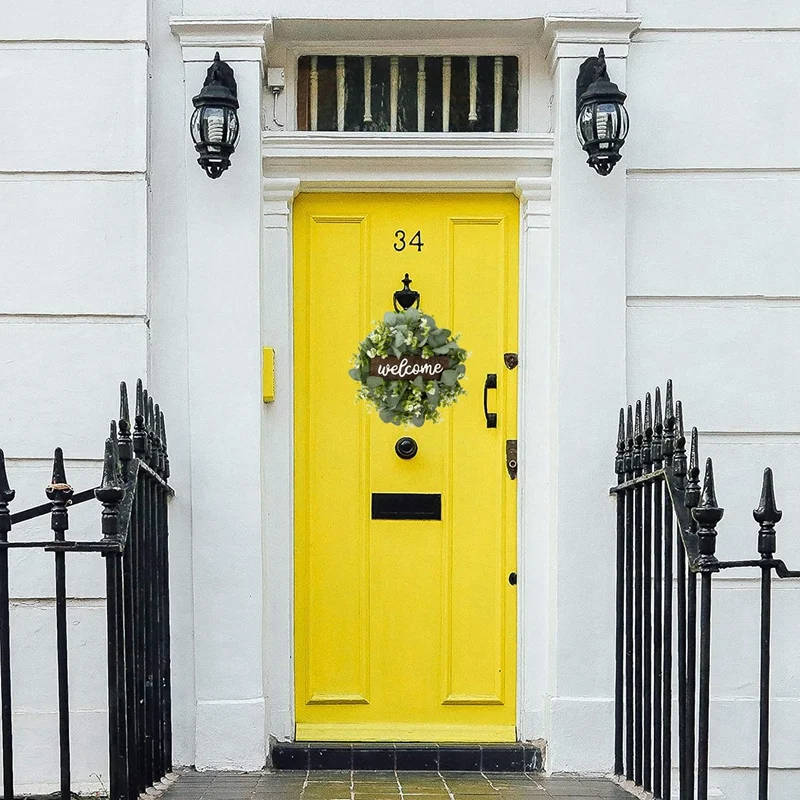 

Welcome Sign with Garland Door Decoration Wooden Hanging Sign with Artificial Eucalyptus Farmhouse Porch Decoration