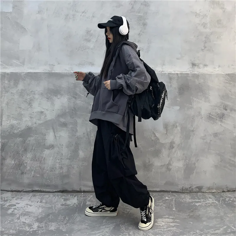 

Harajuku Functional Hoodie Women Cargo Drawstring Pocket Stitching Sleeved Hooded Top Fashion Street Autumn Winter Sweatshirt