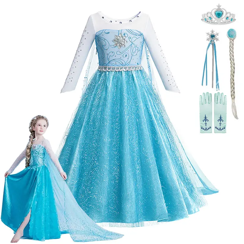 

Girls Elsa Dress With Long Trailing Lace Bling Sequined Split Hem Fall Long Sleeve Kids Role Playing Princess Party Costumes