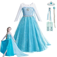 girls elsa dress with long trailing lace bling sequined split hem fall long sleeve kids role playing princess party costumes