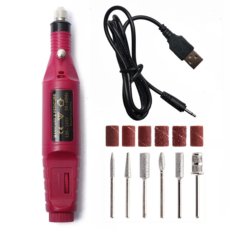 Красный 1 Набор, 5 В, USB, одна, низкая скорость, электрическая дрель для ногтей, машинка для маникюра, пилка для дизайна ногтей, сверла для ногтей, инструмент, аппарат для педикюра - Цвет: Красный