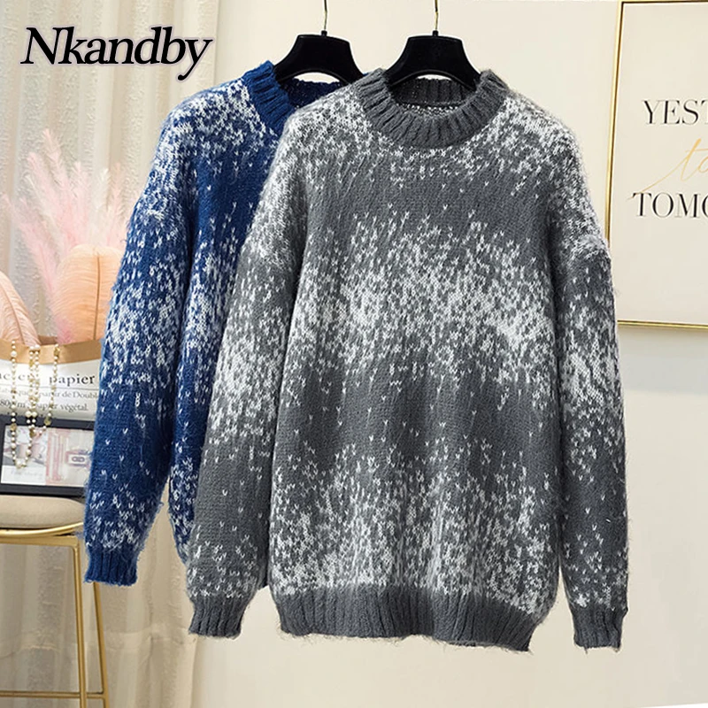 

Nkandby Plus Size Gradient Cashmere Sweaters 2021 Women Autumn Winter Crew Neck Soft Warm Jumpers Loose Vintage Knitted Tops