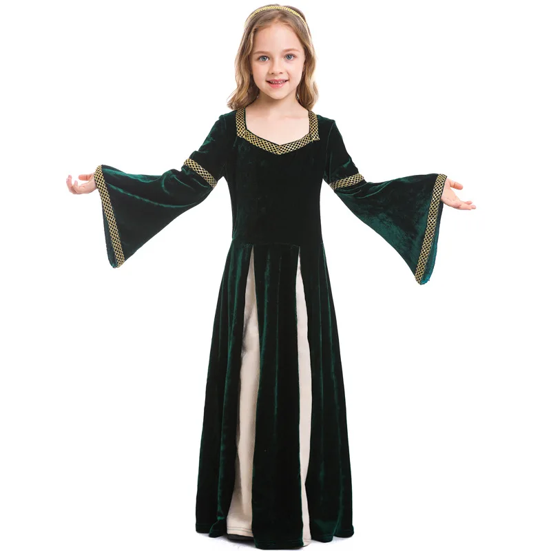 

Girls halloween retro Renaissance Medieval Palace girl witch Cosplay Victorian Fancy sexy Dark Green Dress halloween for kids