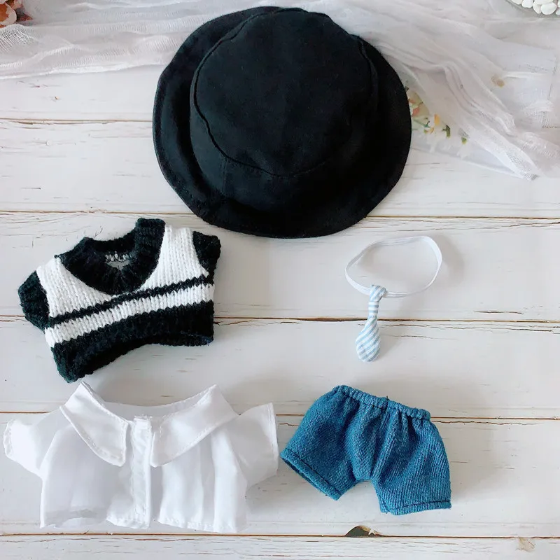 

20cm Baby Doll Plush Doll's Clothes Lovely Fisherman hat necktie pants Stuffed Toys Dolls Accessories for Korea Kpop EXO Idol