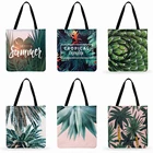 Сумка-тоут с тропическими зелеными растениями, льняная ткань, повседневная, вместительные пляжные сумки, женская сумка через плечо, складная сумка для покупок