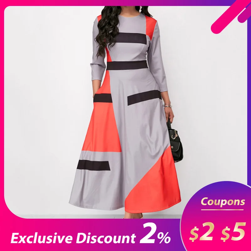 Платье женское длинное с длинным рукавом в полоску стиле пэтчворк|Женские