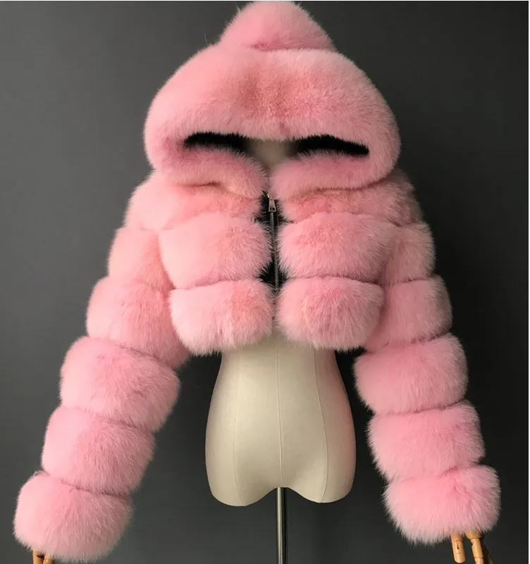 

Fashion Autumn Winter High Quality Faux Fox Fur Coat Women 2021 Vintage Long Sleeve with Cap Slim Short Jackets Furry Coat Femme