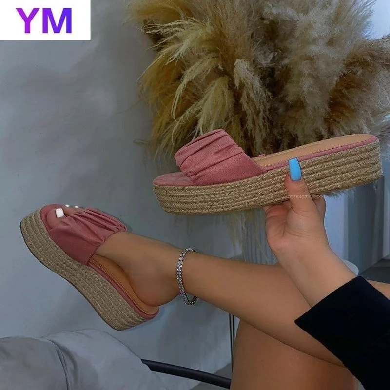 

2021 новые модные плиссированные летние женские босоножки; Женские туфли с открытым носком плоские босоножки на высоком каблуке большого Раз...