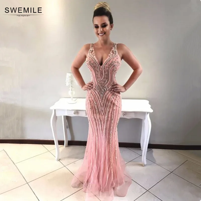 Роскошные бусины Кристаллы Розовый Русалка Выпускные платья Длинные Vestidos De gala сексуальные с открытой спиной Вечерние платья Robe De Soiree