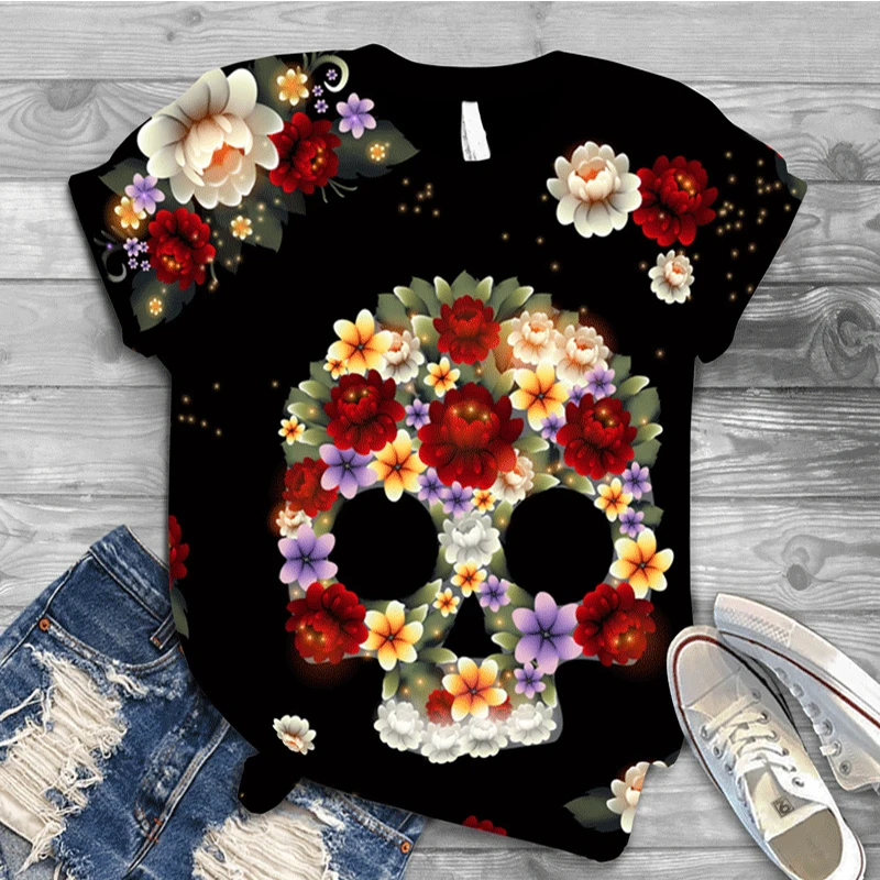 

Oversized New Digital 3D Skull Printed Women T-Shirt O Neck Short Sleeve Graphic Tops Summer Harajuku TShirt