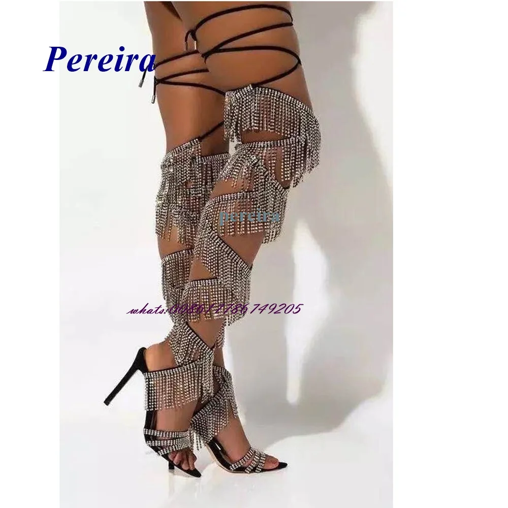 Pereira Open Toe Fringe Cross Tied Sandal Boots Over The Knee Stiletto Heel High Heel Sandals Summer Fashion Women Shoes Sexy