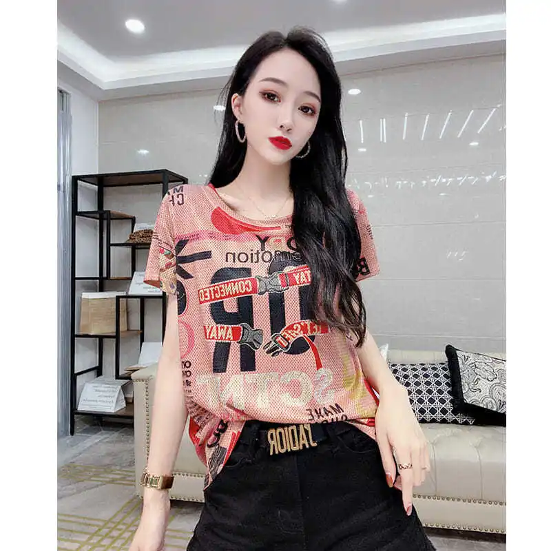 

European station 2021 summer new age reduction letter print top women's fashion loose and thin short sleeve T-shirt trend