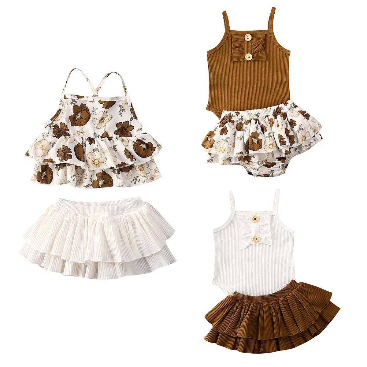 

AA Newborn Baby Girl Clothing Button Suspender Sleeveless Romper Jumpsuit Tops T Shirt Ruffle Skirt Set Summer Clothes Set