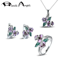 black angel handmade green purple enamel flowers cz fashion necklace ring clip earrings for women fashion jewelry set party gift