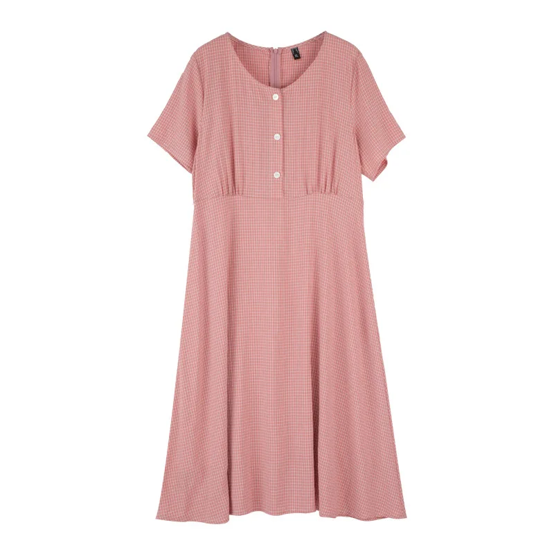 

Pink Plaid Casual Dress Women Vestidos Plus Size A-line V-neck Short Sleeve Summer Dress Mid-Calf OLL258