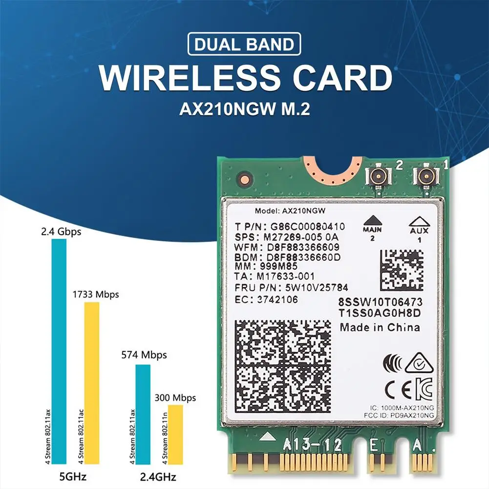 

WiFi 6E Intels AX210NGW Dual Band 2.4G/5G/6Ghz 802.11AX 3000Mbps Bluetoothcompatible 5.2 Wireless M.2 Network Adapter WiFi Card