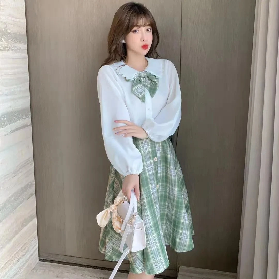 

Japanese JK Uniform Two Piece Set Women White Short Sleeve Shirts + Plaid Mini Skirt Preppy Style High Waist Skirts 2 Piece Set