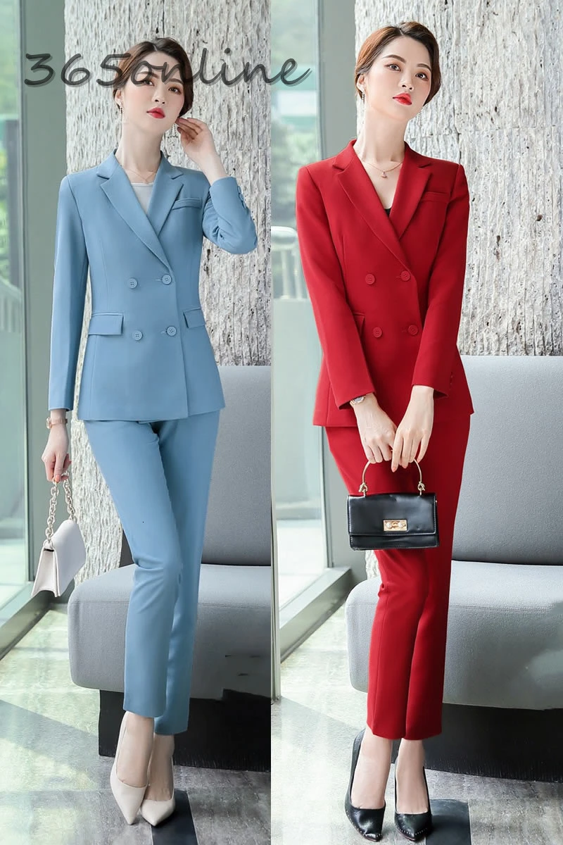 Женские деловые костюмы из высококачественной ткани с брюками и блейзером