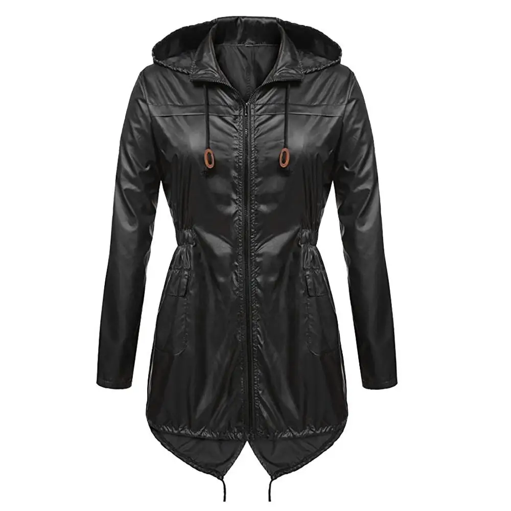 Черный Plus Size Women's Lightweight Hooded Raincoat Waterproof Active Outdoor Rain Jackets Casual Solid Color Cycling Coat For - Цвет: Черный