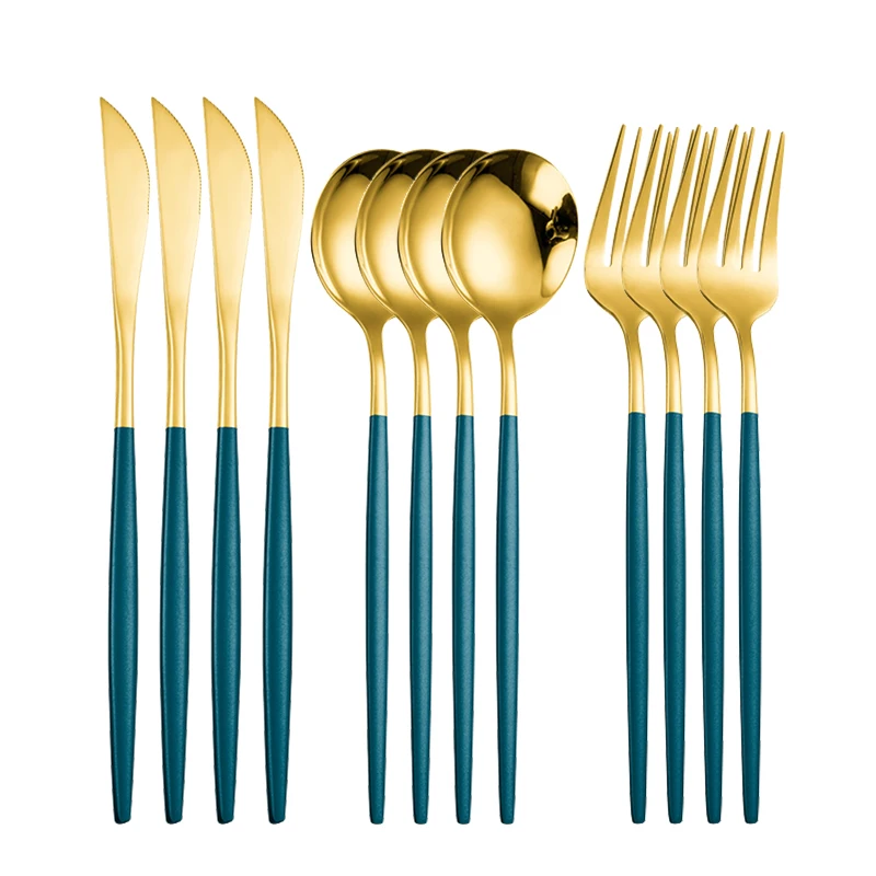

Western Green Gold Cutlery Set Mirror Dinnenrware Set Stainless Steel Flatware Dinner Gold Knife Fork Spoon Teaspoon Cutlery Set